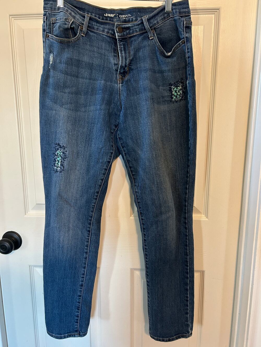 Old Navy Womens 10 Curvy Skinny Jeans Distressed Sparkle Patchwork Blue Denim